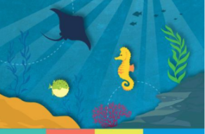 Cartoon image of under the sea with blue water, yellow seahorse, black manta ray, yellow sand, and green and pink coral