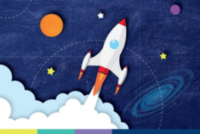 Cartoon image of white and red rocket blasting off into dark blue space among planets and yellow stars