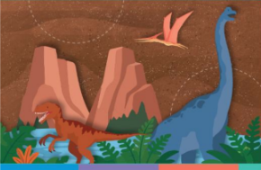 Blue, red, and pink dinosaurs walk and fly among green plants, red mesas, and a brown sky