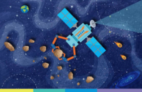 A blue satellite grabs onto a brown meteorite in dark blue space with earth in the background
