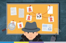 Man in gray fedora and black coat in front of an orange board filled with clues connected by string